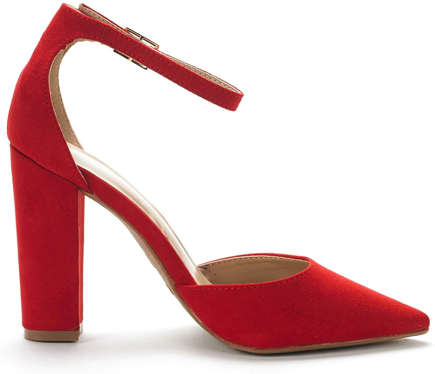 Women Ankle Strap Pump Shoes Pointed Toe High Chunky Heel Dress Pump Shoes COCO RED/SUEDE Size 8.5