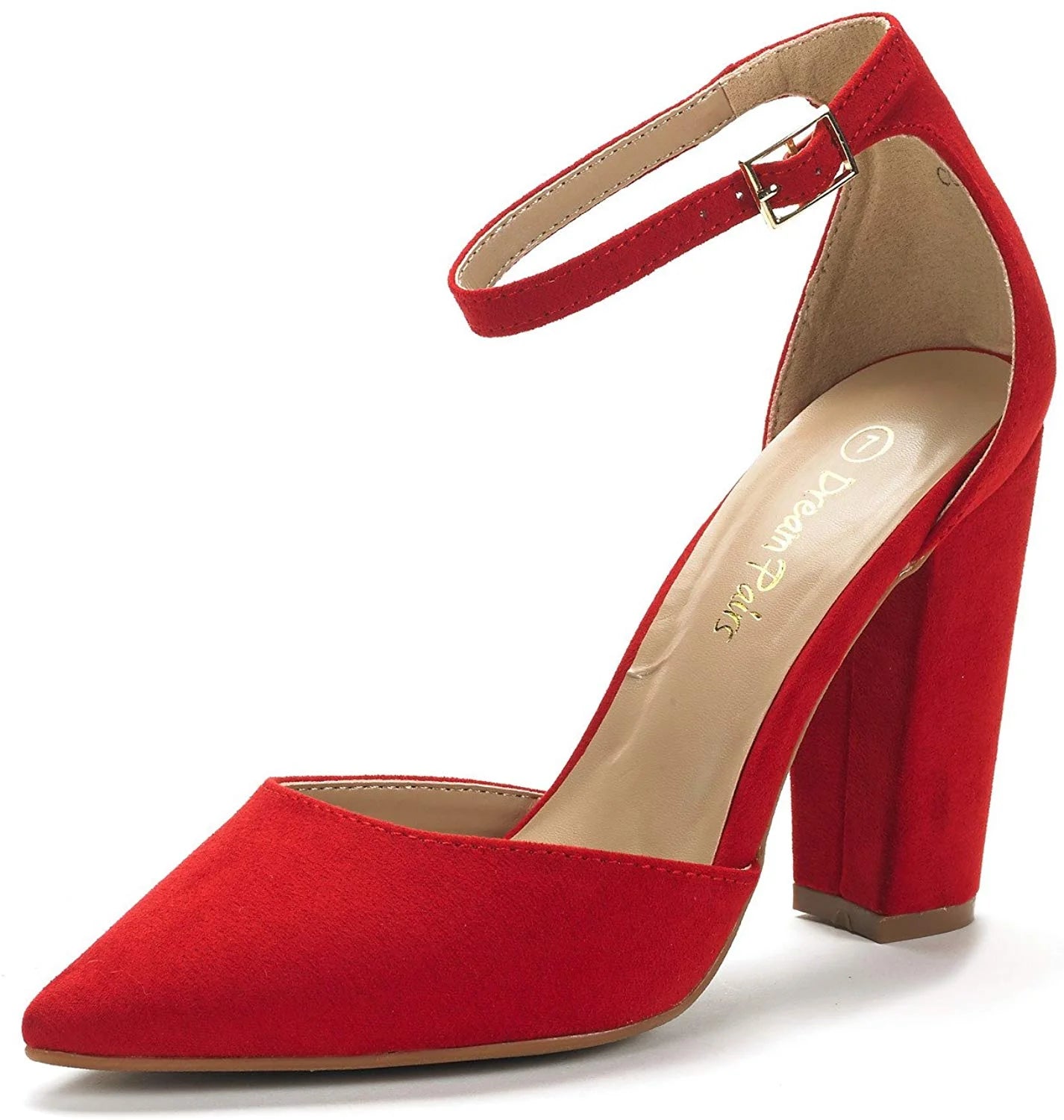 Women Ankle Strap Pump Shoes Pointed Toe High Chunky Heel Dress Pump Shoes COCO RED/SUEDE Size 8.5